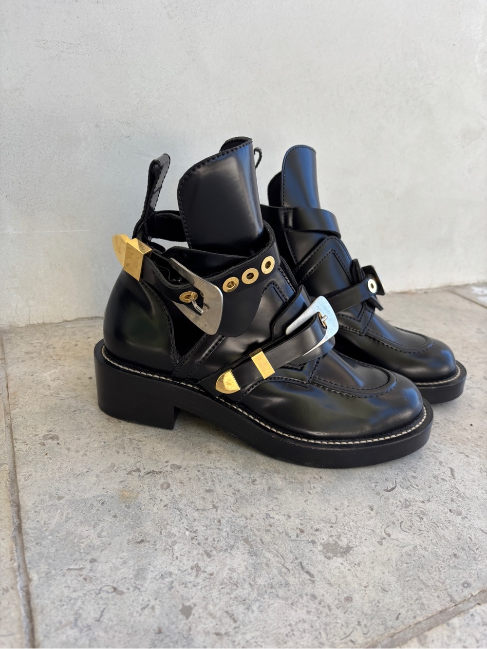 Balenciaga Black Leather Buckle Strap Ankle Booties with Gold Hardware